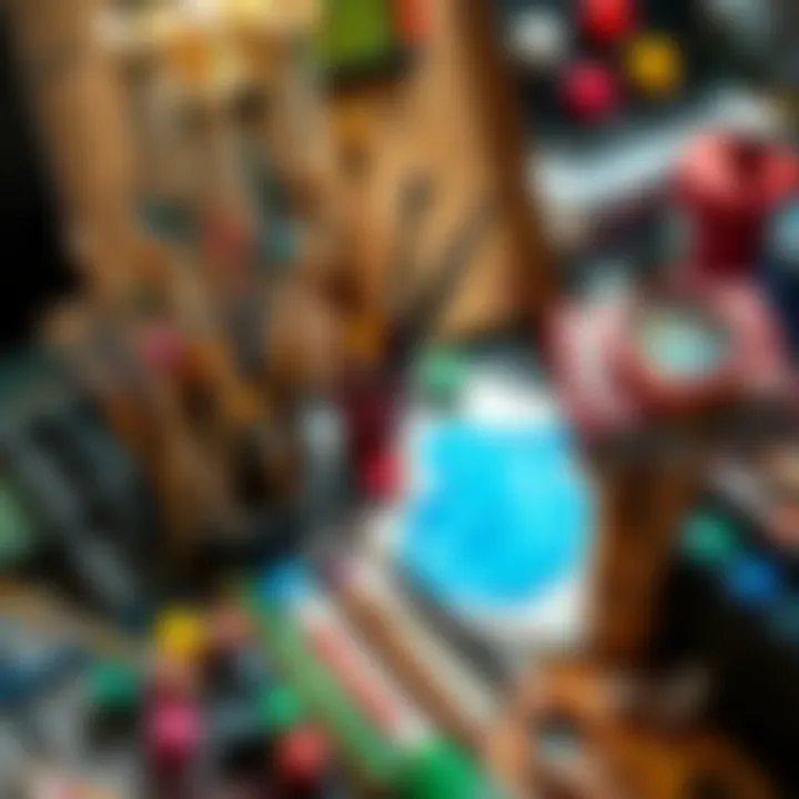 A variety of colorful art supplies, including paints, brushes, and sketchbooks, displayed on a table, showcasing creativity and crafting.