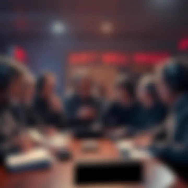 A group of fans gathered around a table, sharing their concerns about the status of the Art Bell Tape Vault and looking for ways to track episodes, with notes and devices in front of them.