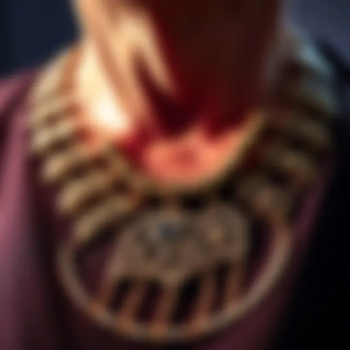 A close-up of a unique necklace worn by Art Bell, showcasing its intricate design and charm.
