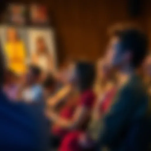 A group of art lovers listening intently as a guest speaks during a discussion, highlighting the need for more uninterrupted dialogue. Some audience members appear frustrated by interruptions.