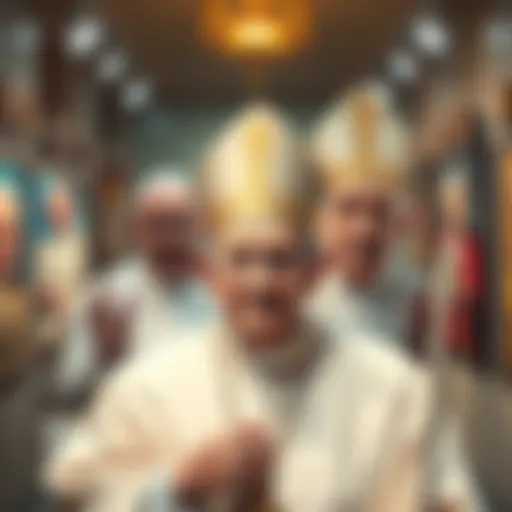 A vibrant exhibition display featuring dynamic artworks of different Popes, showcasing their unique styles and expressions.