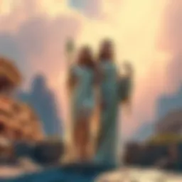 Artemis, the goddess of the hunt, and Athene, the goddess of wisdom, pose side by side in a vibrant scene, symbolizing strength and unity against discrimination.