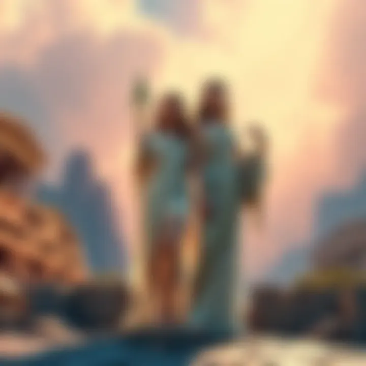 Artemis, the goddess of the hunt, and Athene, the goddess of wisdom, pose side by side in a vibrant scene, symbolizing strength and unity against discrimination.