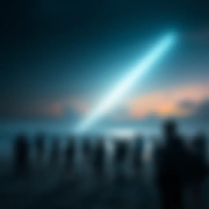 A beach scene with people watching a strange light in the sky, looking confused and curious about the Artemis mission incident.