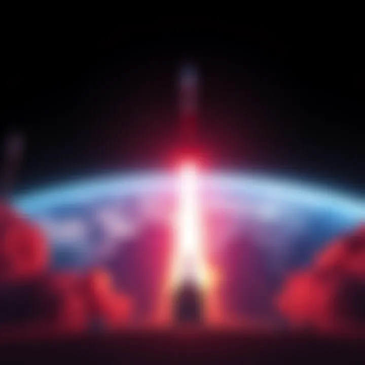 A rocket poised for launch with a backdrop of the Earth and a dark sky, representing global tensions.