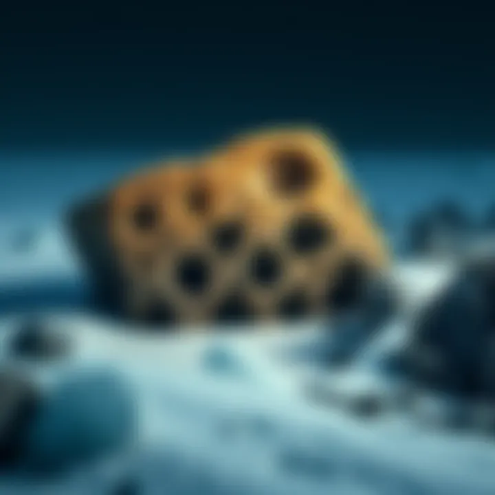 A rare artifact partially exposed from beneath the ice on South Georgia Island, showcasing unique shapes and textures. Nearby, hints of ice and rocky terrain are visible.