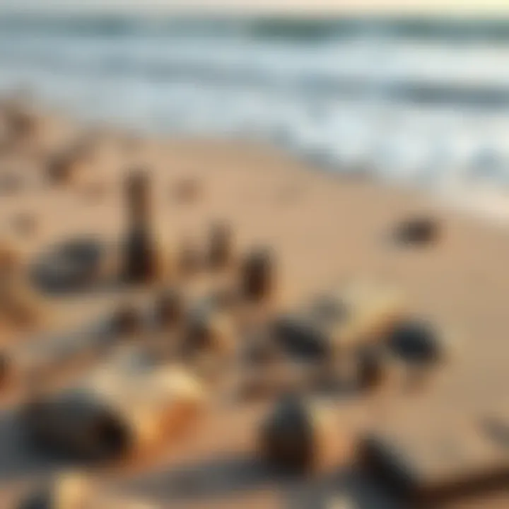 Artifacts on a Beach Various historical artifacts scattered on a sandy beach with ocean waves in the background.