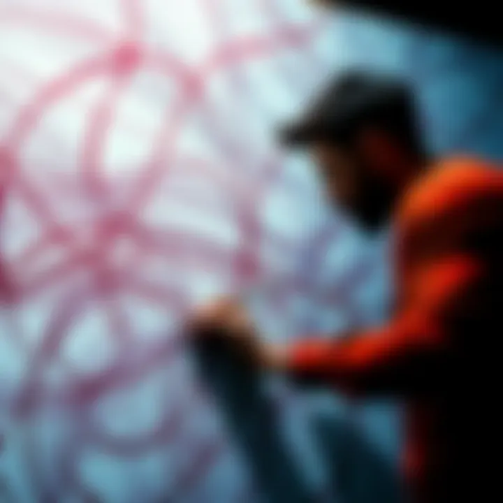 An artist carefully drawing precise lines on a canvas, showing a blend of chaotic and controlled strokes.