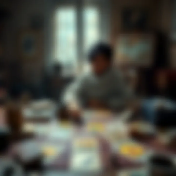 An artist sits at a table with tarot cards spread out, pondering their creative journey, surrounded by art supplies.