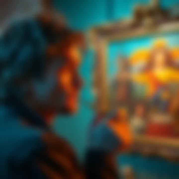 An artist looks thoughtfully at their art piece from age 20, reflecting on how it might be perceived today.