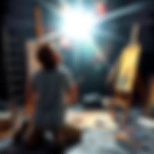 An artist kneeling with paintbrushes in hand, looking up towards a bright light symbolizing divine guidance, surrounded by art supplies and canvas.