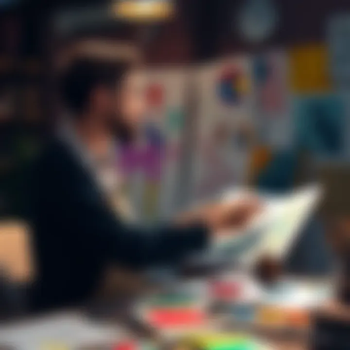 An artist sitting at a table with sketches and paint, looking thoughtful while brainstorming creative ideas for a new project.