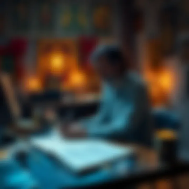 An artist sitting at a desk with musical sheets, surrounded by colorful religious symbols and images, contemplating their work