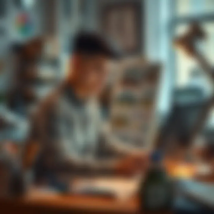 A young artist sits at a desk surrounded by art supplies, looking thoughtfully at sketches, balancing passion and financial concerns.