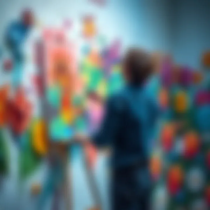 An artist painting a colorful mural on a wall, surrounded by paints and brushes, reflecting creativity and imagination.