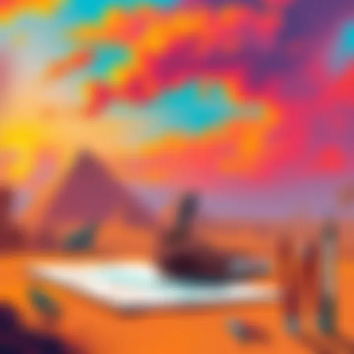 Artist drawing ancient Egypt scene An artist sketches a vibrant scene inspired by ancient Egypt, showcasing pyramids and hieroglyphs in vivid colors.