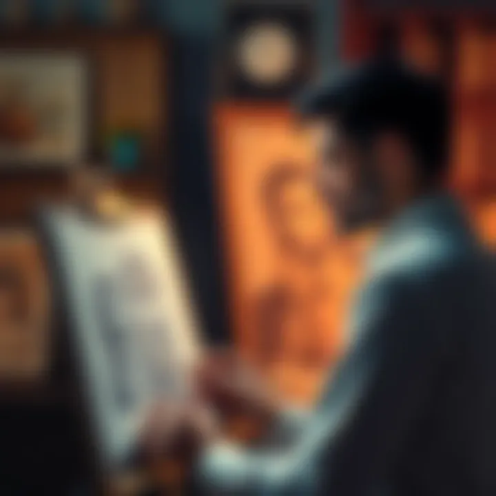 An artist at work, sketching a couple's portrait while looking concerned.