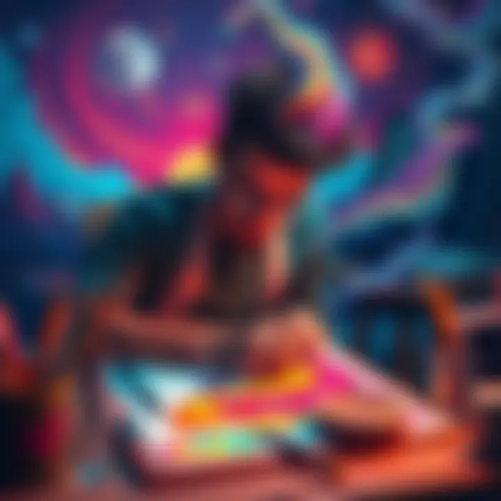 Artist drawing inspired by dreams An artist sitting at a desk, sketching a colorful drawing that reflects their dream imagery.