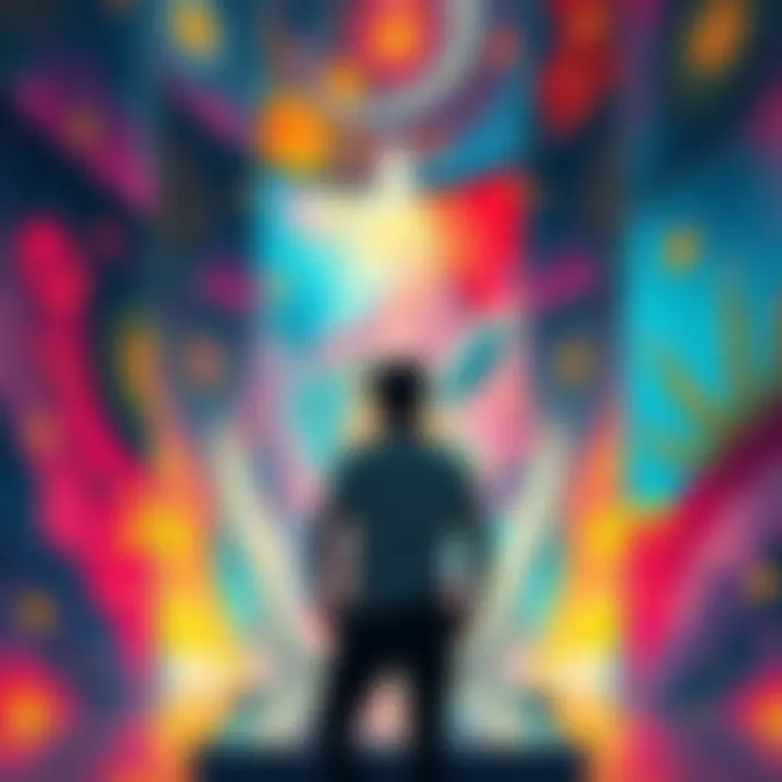 A person standing in a vibrant, colorful space filled with abstract art and mystical symbols, reflecting on their spiritual journey and personal struggles.