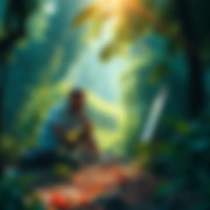 A Reflective Artist Amidst Nature An artist sits peacefully in a sunlit forest, surrounded by vibrant colors, as they sketch their dreams on a canvas, representing the essence of creativity and community support.