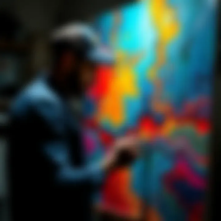 An artist applies oil paint on top of acrylic layers in their studio, showing a colorful and textured artwork in progress.