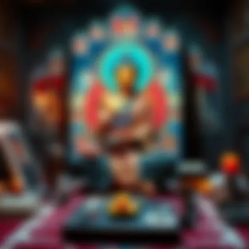 An artist sits cross-legged, focused on painting a colorful thangka of Buddha, surrounded by art supplies and candles, with a peaceful expression.