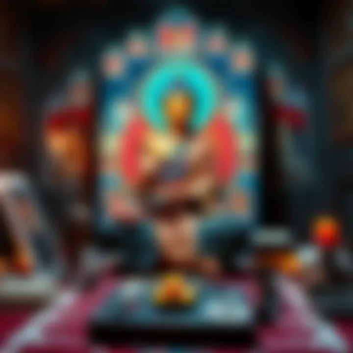 An artist sits cross-legged, focused on painting a colorful thangka of Buddha, surrounded by art supplies and candles, with a peaceful expression.