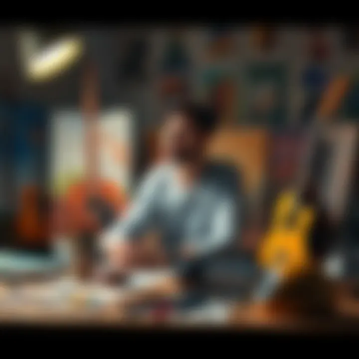 Artist Reflecting on Fame An artist sits at a table with art supplies, looking thoughtful while surrounded by paintings and musical instruments, symbolizing their journey in art and music.
