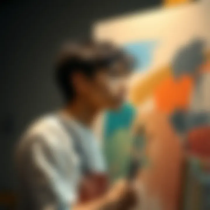 A young artist is standing in front of a canvas, deep in thought, with paintbrushes in hand, pondering the impact of others' beliefs on their art journey.