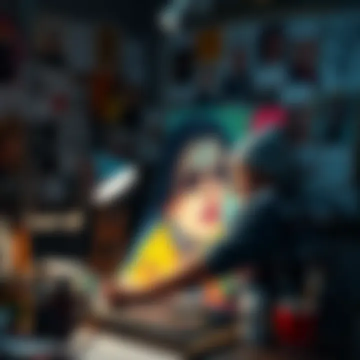 An artist working on a colorful self-portrait poster, surrounded by art supplies and inspiration boards.