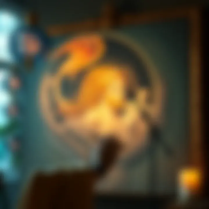 An artist sketches a thoughtful symbol for Hypnos, surrounded by their painting of Apollon and Artemis.