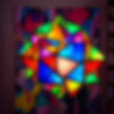 An artist proudly stands beside their newly created tetrahedron artwork, showcasing vibrant geometric shapes and intricate designs.