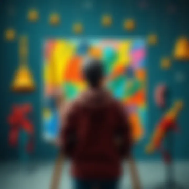 An artist stands in front of a canvas with colorful strokes, surrounded by symbols of creativity like bells and treats, representing connections between art and events.