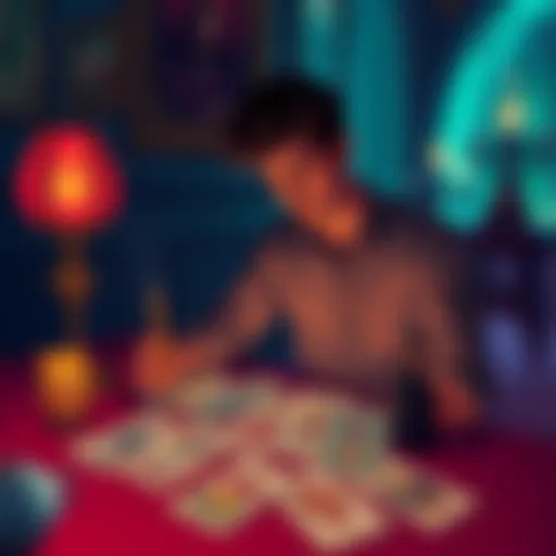 A self-taught digital illustrator looks at tarot cards spread on a table, symbolizing guidance in their art journey.