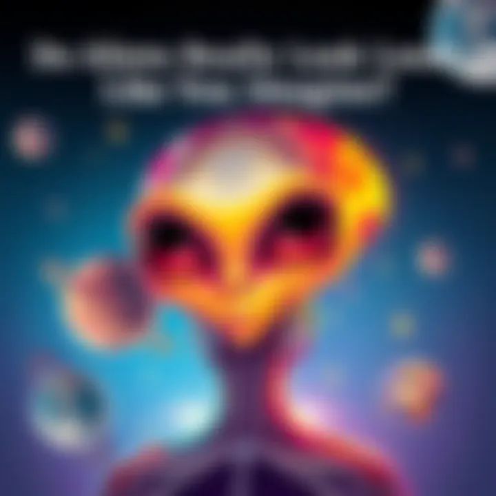 Artistic depiction of an alien A colorful illustration showing a fictional alien creature with large eyes and an elongated head, surrounded by stars and planets.
