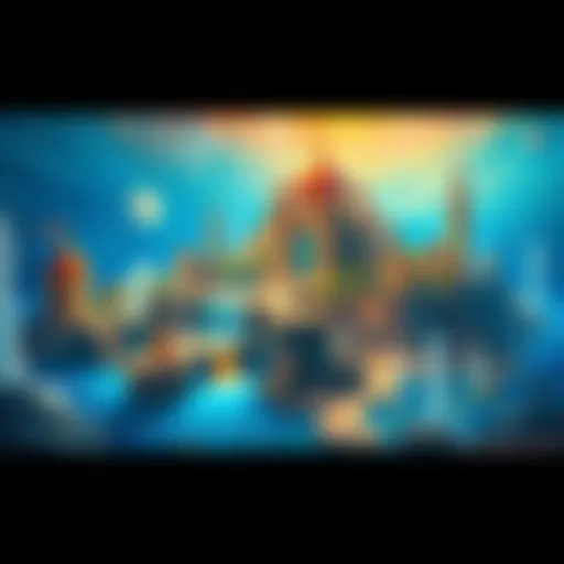 A colorful painting of the legendary city of Atlantis surrounded by water, showcasing its unique architecture and vibrant underwater life.