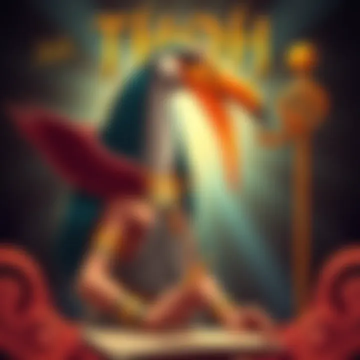 Illustration of Thoth, the Egyptian god of wisdom, with an Ibis head and holding a writing tool, surrounded by ancient symbols.