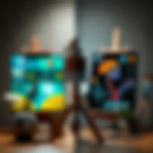 A split image showing traditional painting tools on one side and a digital screen displaying AI-generated art on the other side, symbolizing the contrast between genuine creativity and artificial prod...