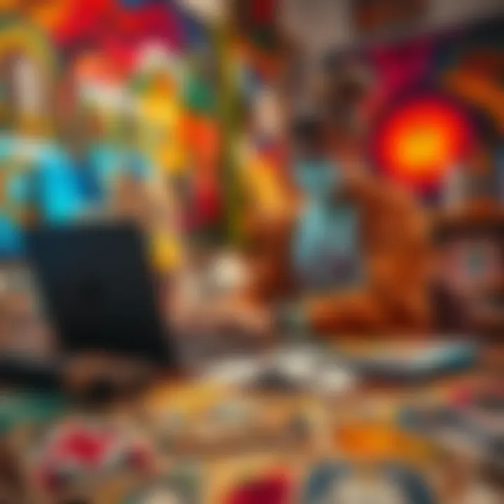 An artist using a laptop surrounded by colorful artwork, exploring social media strategies to gain followers, with tarot cards nearby for inspiration.