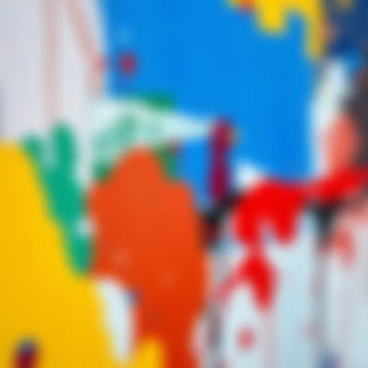 A close-up of an abstract painting showcasing different colors and shapes, inviting viewers to interpret their meaning.