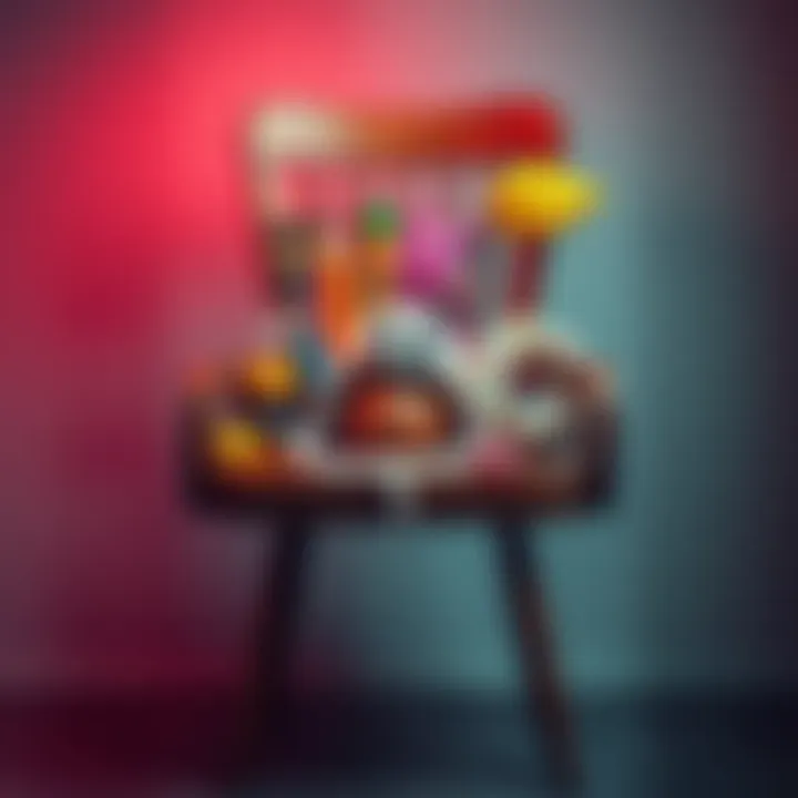 A colorful assortment of unique objects placed on a wooden chair, showcasing various artistic expressions.