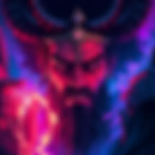 A colorful artwork showing King Asmodeus with expressive features symbolizing vulnerability and empowerment, surrounded by elements of transformation.