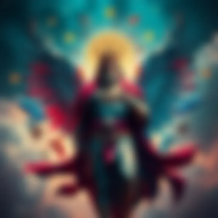 Artistic Representation of Lord Hermes A vibrant artwork showing Lord Hermes with wings and various symbols surrounding him, highlighting his artistic connections.