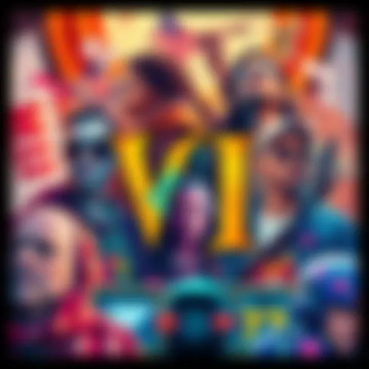 A colorful artwork featuring the symbol VII in a contemporary design, surrounded by cultural elements representing modern society.