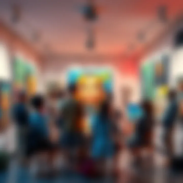 Artists and Art Lovers Discuss Non-Duality A group of artists and art enthusiasts engaging in a discussion about art and non-duality, surrounded by colorful artworks