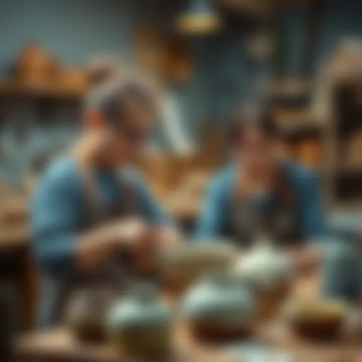 Two artists with similar birth dates collaborating in a ceramics studio, sharing ideas and working on their projects together.