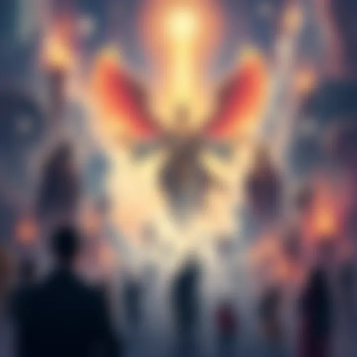 An illustration depicting ascended beings guiding humanity towards higher realms, with symbols of culture and connection between people.