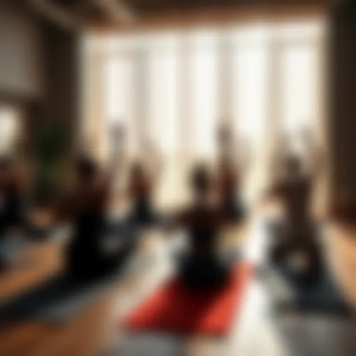 Group of people practicing Ashtanga yoga in a studio, focusing on breath and movement issues during a rapid five-count session