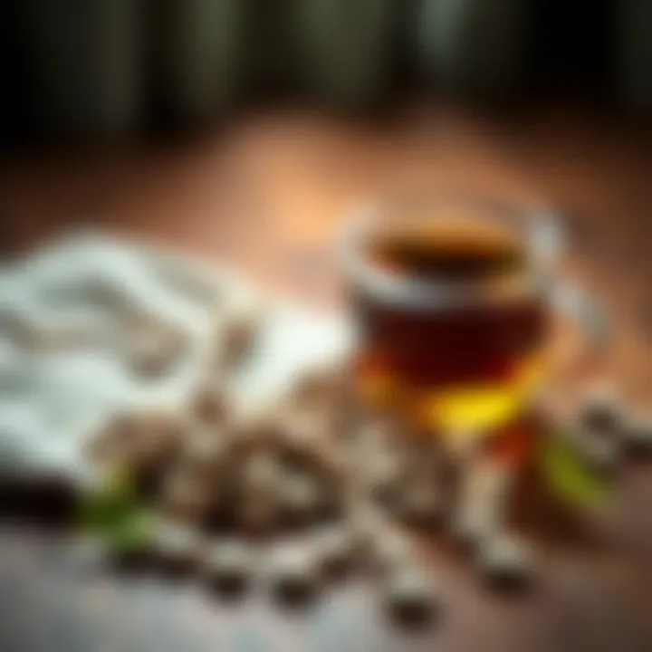 A serene setting featuring ashwagandha tablets next to a cup of herbal tea, symbolizing calm and digestion health.