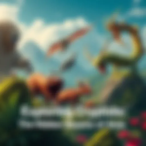 A collection of mythical creatures from Asia, including the Yeti, Chupacabra, and the Mongolian Death Worm, surrounded by lush greenery and mountains.